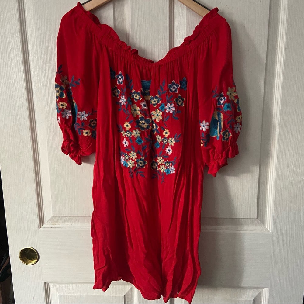 Red, floral embroidered dress